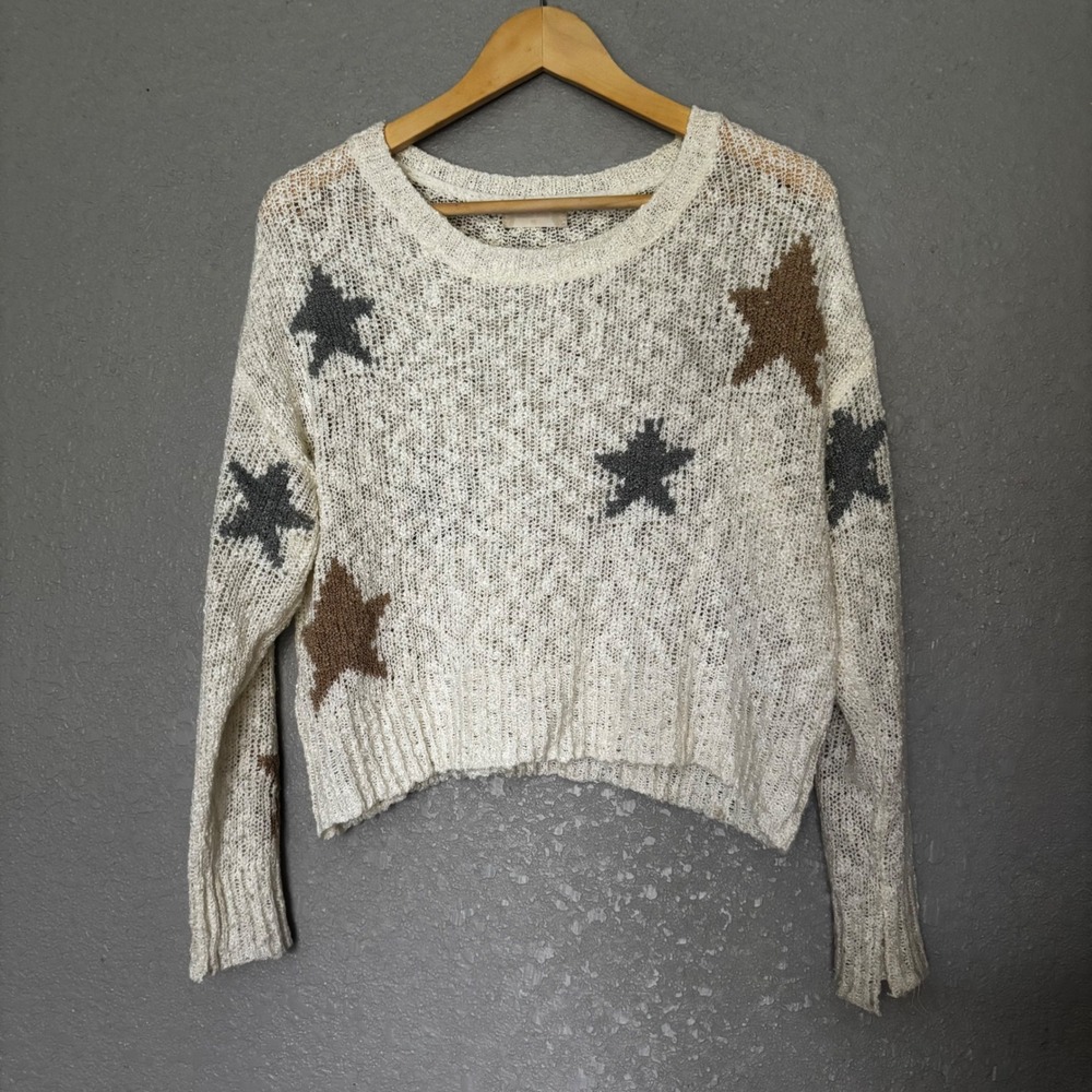 Altar'd State Cream Star Knit Cropped‎ Sweater Women's XS Cozy NYE Oversized